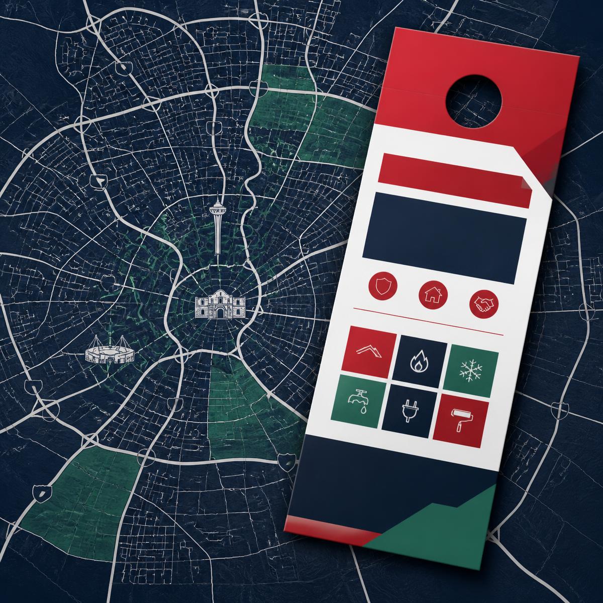 San Antonio neighborhood map with a shared door hanger mailer featuring partner home-service trades